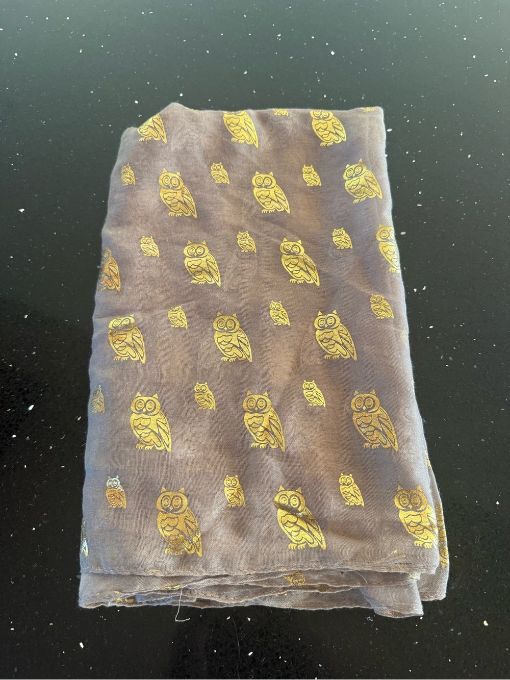 Gray Scarf with Gold Owl Print